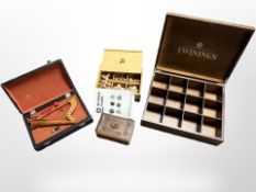 A Twinings compartmentalised box, together with a miniature harp, in box, a Mensa puzzle box,