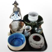 A group of Scandinavian glazed earthenware items including bowls, figure of a woman,