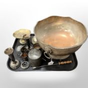 A tray of silver plate on copper punchbowl,