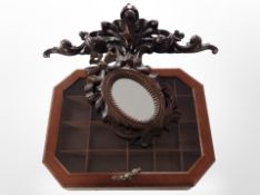 A contemporary glazed jewellery box, width 38cm, together with an ornate reproduction mirror,