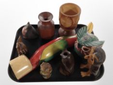 A group of treen animal ornaments, carved goblet, etc.