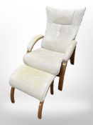 A 20th-century Danish bentwood and white leather relaxer chair with stool,