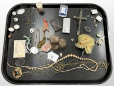 A group of collectibles including costume jewellery, antique spectacles, scarf brooch on chain,