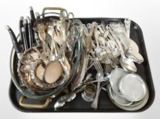 A large quantity of EPNS cutlery, pewter dishes, glass bowl on twin-handled brass stand, etc.