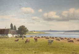 K Drews : Cattle by a river estuary, oil on canvas, 69cm x 47cm.