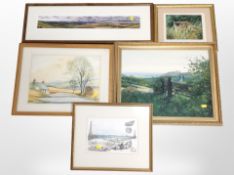 A group of pictures and prints including an oil on canvas landscape by M Scott Gleghorn,