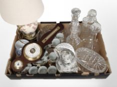 A group of crystal decanters, Japanese export coffee china, barometer,