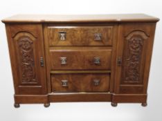 An Edwardian burr walnut sideboard, 153cm wide x 52cm deep x 98cm high.
