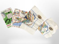 A group of mid-20th century vintage tea towels including the 6 Essentials of Golf, Irish linen, etc.