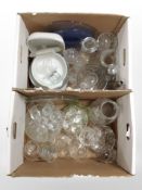 A quantity of 20th-century crystal and pressed glass, etched drinking glasses, kitchen storage jars,