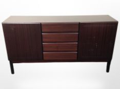 A contemporary Scandinavian stained teak and MDF sideboard, 150cm wide x 42cm deep x 83cm high.