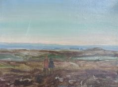 Danish School : Figures on moorland, oil on canvas, 39cm x 29cm.