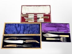 A Victorian oak-cased three-piece carving set with horn handles,