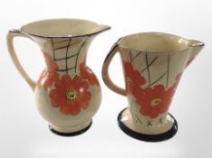Two June Pottery floral-decorated jugs, tallest 28cm.