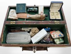 An antique wooden box 18ct rolled gold cufflinks and studs, Rostfrel deer foot-handled knife,