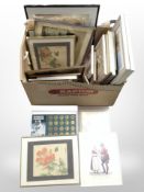 A collection of pictures and prints including Japanese watercolour on silk,