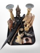 A group of treen including pair of turned wooden pricket candlesticks, African carvings, etc.