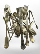 A group of silver-plated cutlery, silver sugar tongs, crochet needles, etc.