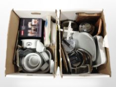 A quantity of contemporary dinner wares including stainless steel trays, polished slate place mats,