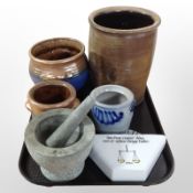 A group of continental earthenware pots, pestle and mortar, Danish ceramic wall pocket.
