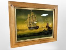 A reproduction reverse-painting on glass depicting naval ships in full sail, in pine frame,