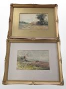 Fred Lawson (20th century) : Farmers and workhorses in fields, two watercolours, each 14cm x 24cm.
