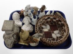 A group of ceramics including art pottery mosaic shallow bowl, figure of an elephant, Thai bust,