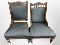 A late-Victorian carved salon chair in brass studded grey fabric, together with a similar chair.