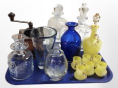 A group of Scandinavian glass decanters, a coffee grinder, etc.