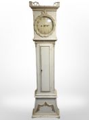 A 19th-century Scandinavian painted and gilt longcase clock (hood as found), height 208cm.