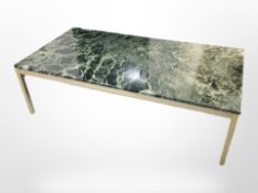 A Scandinavian metal-framed rectangular coffee table with faux green marble top, length 155cm.