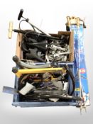 A quantity of bike parts including frame components, saddles, brakes, etc.