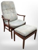A Danish stained beech armchair with matching footstool.