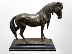 A bronze figure of a horse, on black marble plinth, length 43cm.