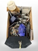 A box of costume jewellery, vintage doll, bangles, etc.
