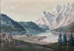 Danish School : A lake by a mountainous landscape, oil on canvas,