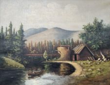 E Denby : Rowing boat leading to a barn, oil on canvas, 42cm x 32cm.