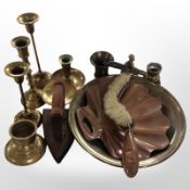 A group of brass candlesticks, copper pan and brush, brass hand bell, etc.