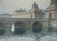 Axel Holm : Buildings by a bridge, oil on canvas, 47cm x 34cm.