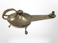 A silver oil lamp, London 1924, with inscription 'From Lt.