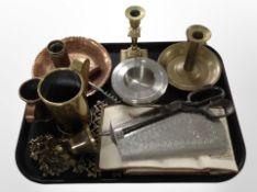 A group of brass candlesticks and other metal wares including pair of tailor's scissors,