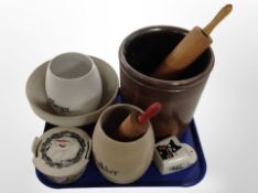 A group of Danish earthenware kitchen storage jars, crock pot, rolling pins, etc.