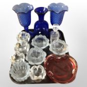 A group of Scandinavian glass tealight holders, further shallow bowl, pair of vases, etc.