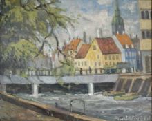 Danish School : Study of a canal with bridge, oil on canvas, 38cm x 31cm.