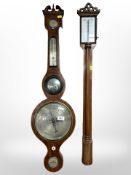 An inlaid mahogany banjo barometer with silvered dial,