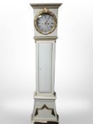 A 19th-century Scandinavian painted and gilt longcase clock, with pendulum and weights,
