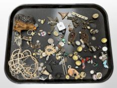 A group of vintage costume jewellery, naval buttons, cufflinks, enamelled silver butterfly brooch,