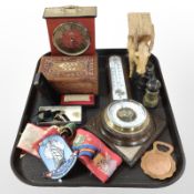 A Junghans quartz mantle timepiece, a barometer, Indian inlaid trinket box, Dominion lighter in box,