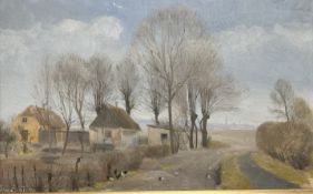 Soren Lund : Farm buildings by a country track, oil on canvas, 60cm x 37cm.
