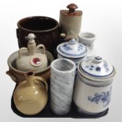A group of continental pottery storage jars, stone ware hot water bottle, planter, etc.